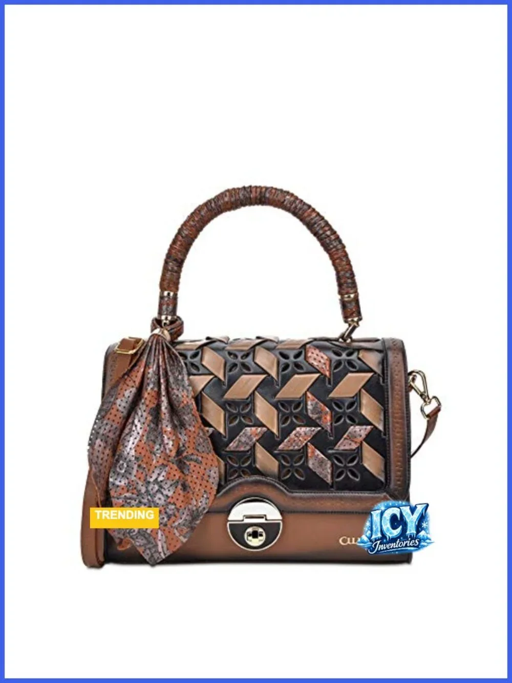 Genuine Leather Satchel Bag with Woven Detailing